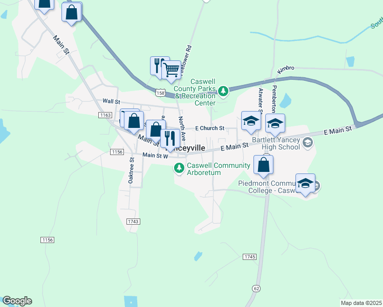 map of restaurants, bars, coffee shops, grocery stores, and more near 216 Main Street in Yanceyville