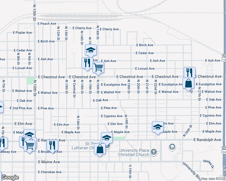 map of restaurants, bars, coffee shops, grocery stores, and more near 1720 East Walnut Avenue in Enid