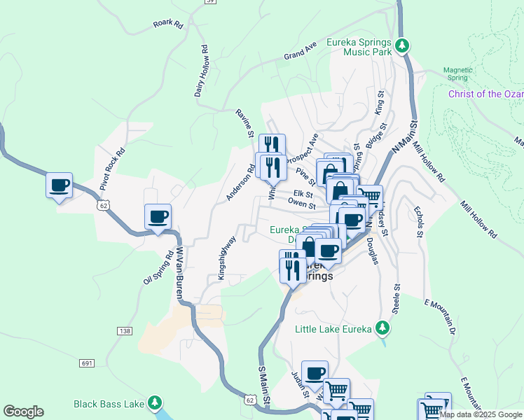 map of restaurants, bars, coffee shops, grocery stores, and more near 80 Mountain Street in Eureka Springs
