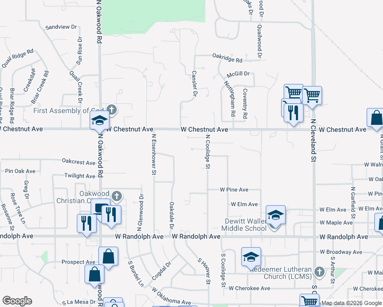 map of restaurants, bars, coffee shops, grocery stores, and more near 3101 West Delta Drive in Enid