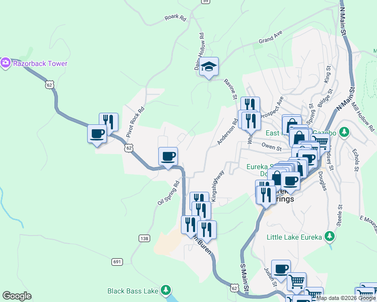 map of restaurants, bars, coffee shops, grocery stores, and more near 111 Jay Lane in Eureka Springs