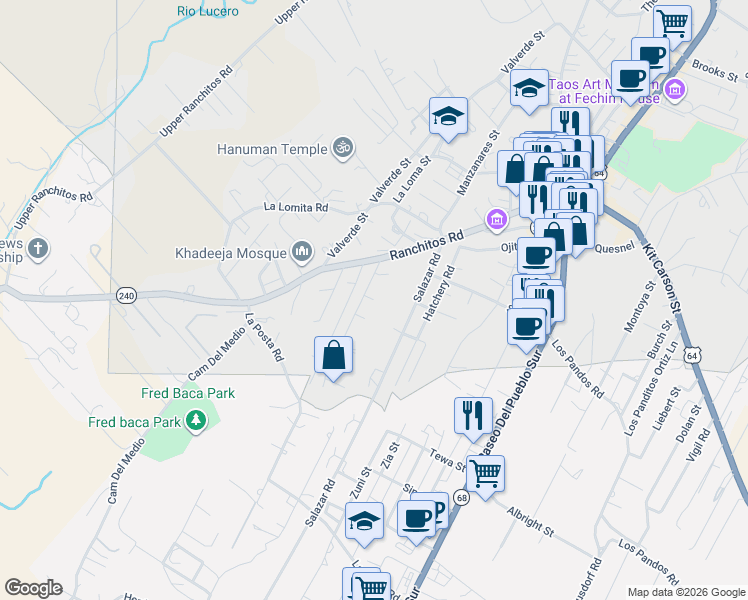 map of restaurants, bars, coffee shops, grocery stores, and more near 223 Santistevan Court in Taos