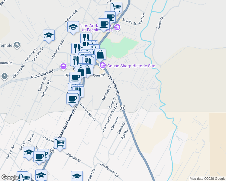 map of restaurants, bars, coffee shops, grocery stores, and more near 306 Kit Carson Road in Taos