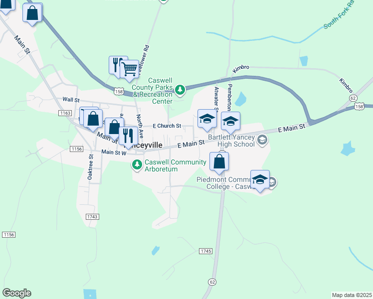 map of restaurants, bars, coffee shops, grocery stores, and more near 205 Main Street in Yanceyville