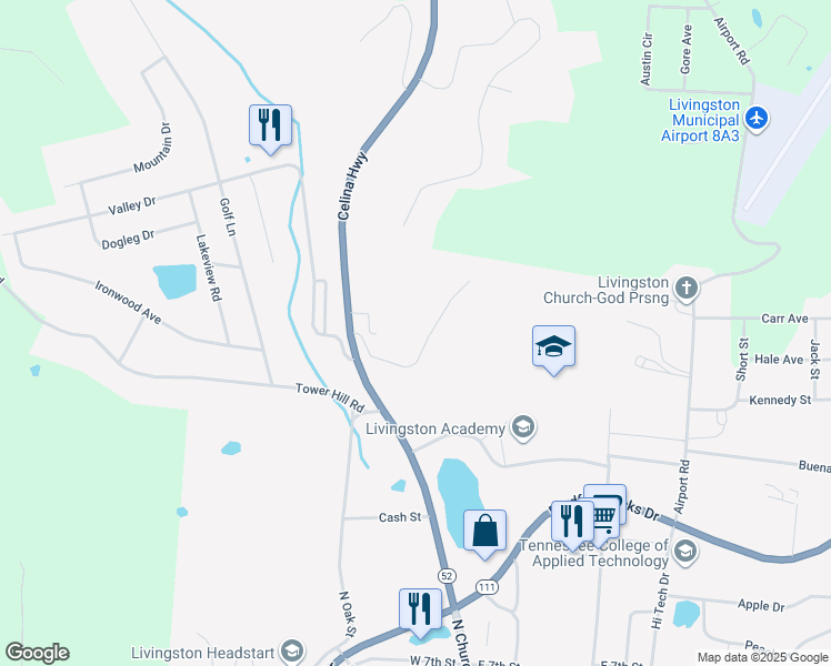 map of restaurants, bars, coffee shops, grocery stores, and more near 147 Allred Street in Livingston