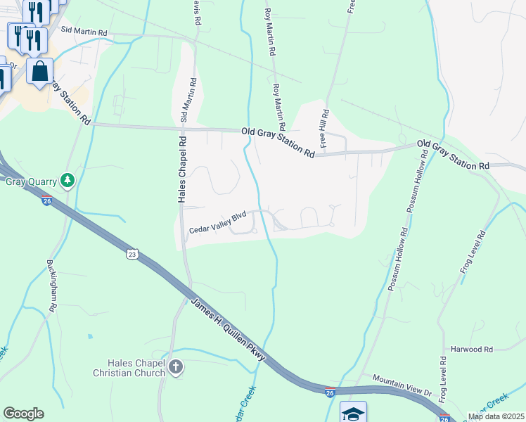 map of restaurants, bars, coffee shops, grocery stores, and more near 227 Cedar Valley Boulevard in Johnson City