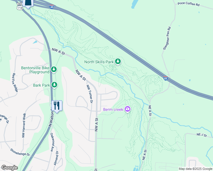 map of restaurants, bars, coffee shops, grocery stores, and more near 12 Ridgeview Lane in Bentonville