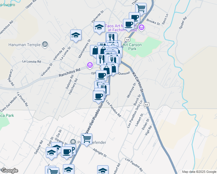 map of restaurants, bars, coffee shops, grocery stores, and more near 224 Paseo Del Pueblo Sur in Taos