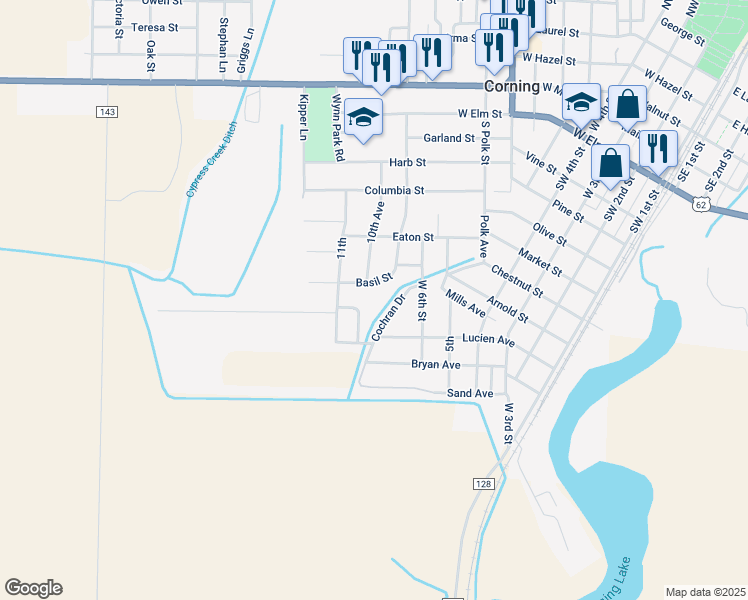map of restaurants, bars, coffee shops, grocery stores, and more near 1206 Cochran Drive in Corning