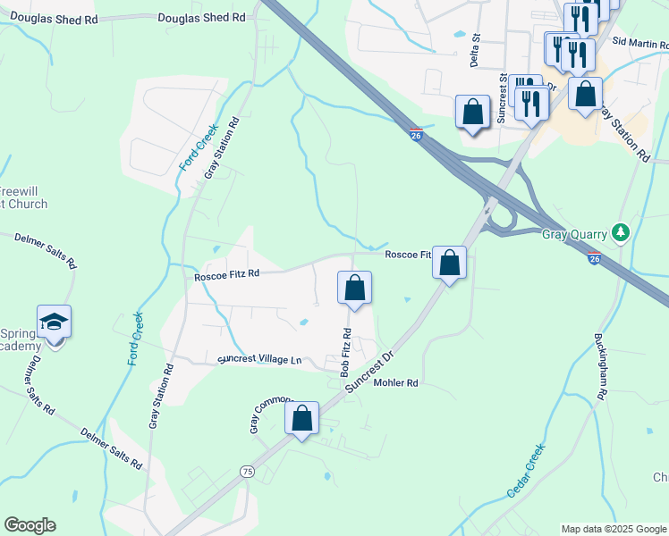 map of restaurants, bars, coffee shops, grocery stores, and more near 197 Roscoe Fitz Road in Gray