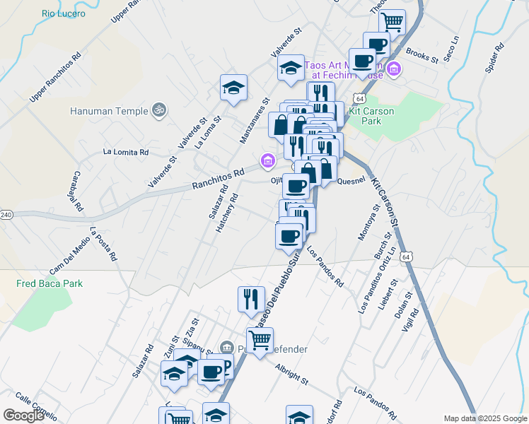 map of restaurants, bars, coffee shops, grocery stores, and more near 207 Siler Road in Taos