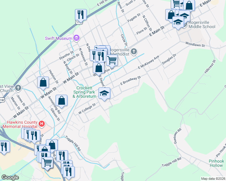 map of restaurants, bars, coffee shops, grocery stores, and more near 514 Phillips Street in Rogersville