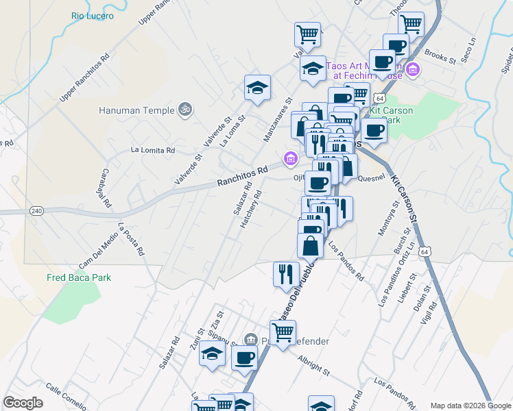 map of restaurants, bars, coffee shops, grocery stores, and more near 201-227 Charlotte in Taos