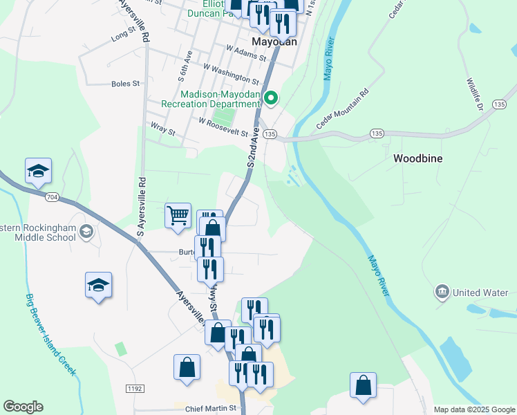 map of restaurants, bars, coffee shops, grocery stores, and more near 100 Whitbeck Drive in Mayodan