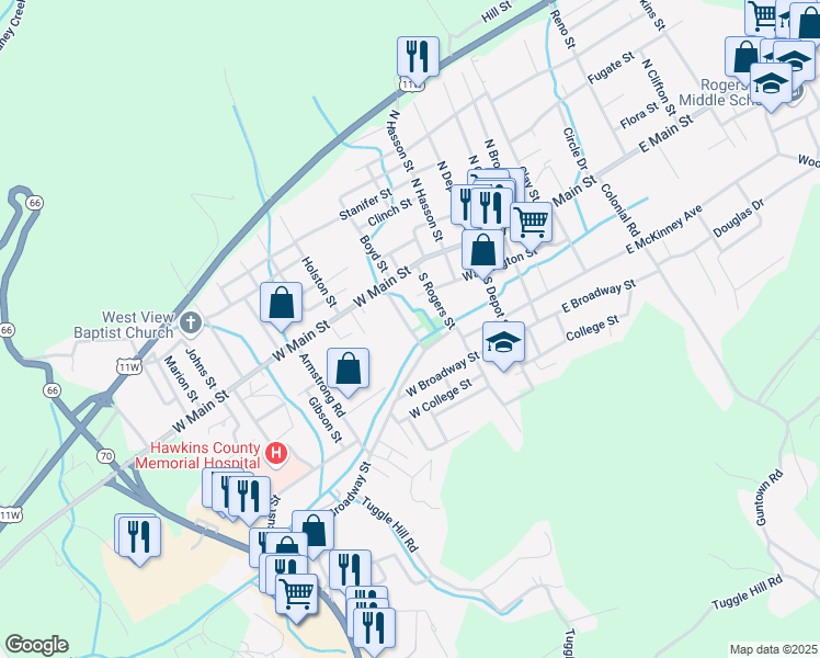 map of restaurants, bars, coffee shops, grocery stores, and more near South Rogen Road in Rogersville