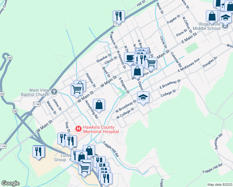 map of restaurants, bars, coffee shops, grocery stores, and more near South Rogen Road in Rogersville