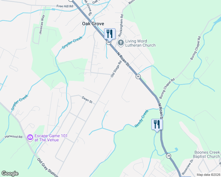 map of restaurants, bars, coffee shops, grocery stores, and more near 224 Old Stage Road in Johnson City