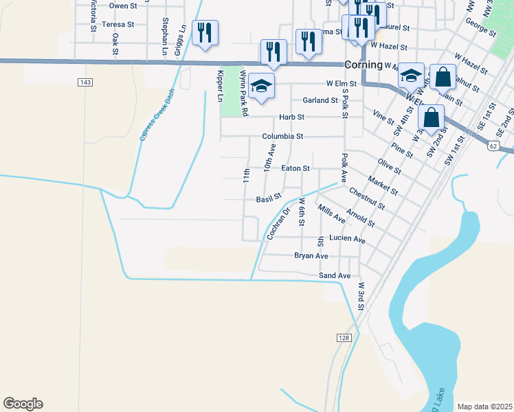 map of restaurants, bars, coffee shops, grocery stores, and more near 1206 Cochran Drive in Corning