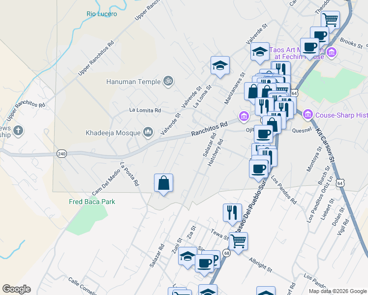 map of restaurants, bars, coffee shops, grocery stores, and more near 209 Santistevan Lane in Taos