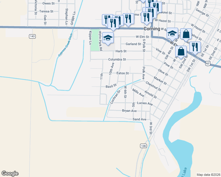 map of restaurants, bars, coffee shops, grocery stores, and more near 807 10th Avenue in Corning