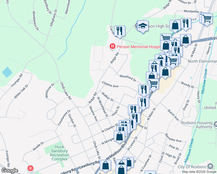 map of restaurants, bars, coffee shops, grocery stores, and more near 519 Clayton Avenue in Roxboro