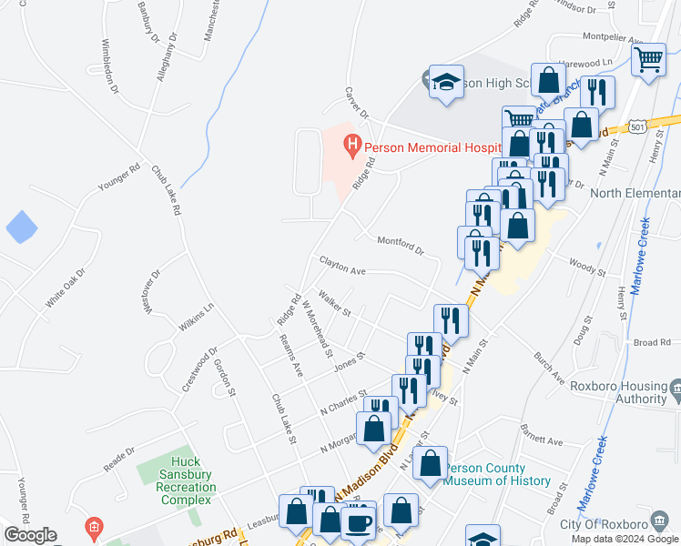 map of restaurants, bars, coffee shops, grocery stores, and more near 519 Clayton Avenue in Roxboro