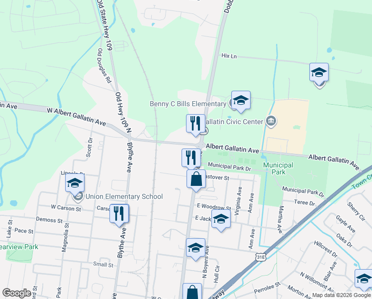 map of restaurants, bars, coffee shops, grocery stores, and more near 905 North Water Avenue in Gallatin