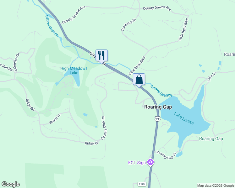 map of restaurants, bars, coffee shops, grocery stores, and more near 21 Rhodendrom Road in Roaring Gap