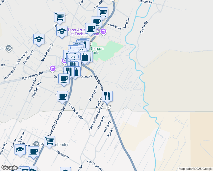 map of restaurants, bars, coffee shops, grocery stores, and more near Las Cruces Road in Taos