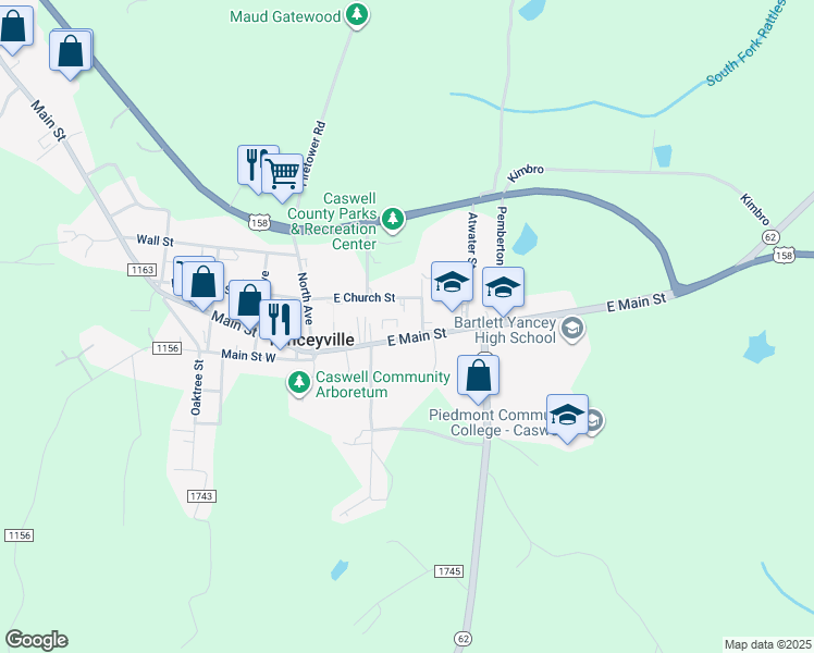 map of restaurants, bars, coffee shops, grocery stores, and more near 205 Main Street in Yanceyville