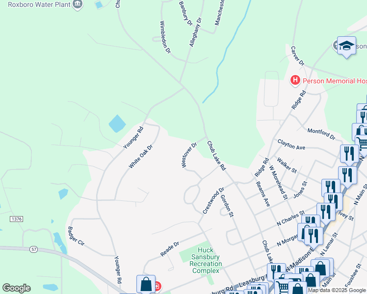 map of restaurants, bars, coffee shops, grocery stores, and more near 112 Westover Drive in Roxboro