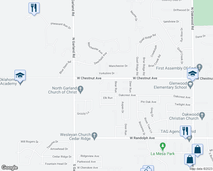 map of restaurants, bars, coffee shops, grocery stores, and more near 804 Caribou Circle in Enid