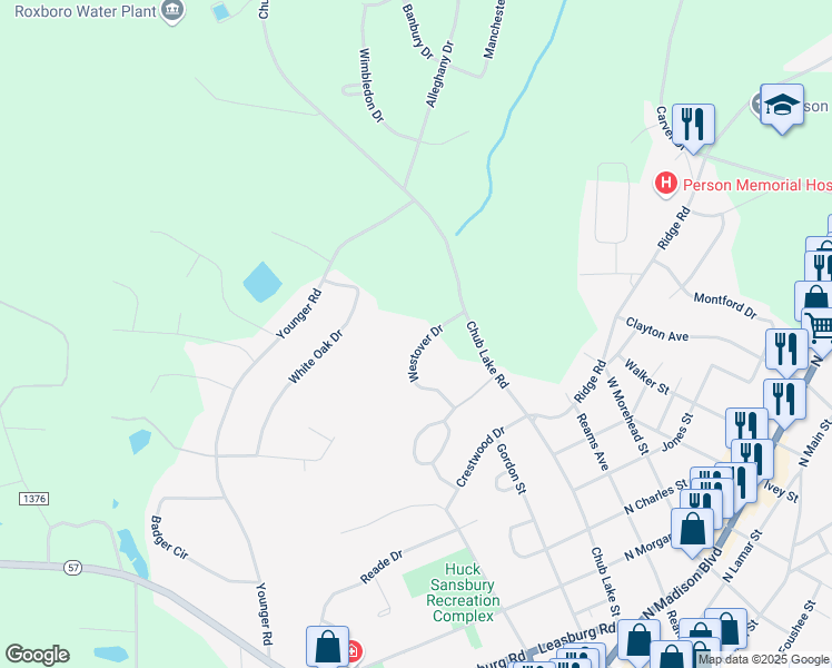 map of restaurants, bars, coffee shops, grocery stores, and more near 112 Westover Drive in Roxboro