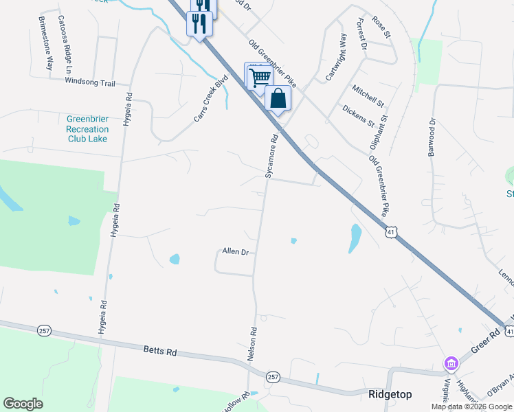 map of restaurants, bars, coffee shops, grocery stores, and more near 4212 Sycamore Road in Greenbrier