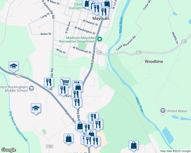 map of restaurants, bars, coffee shops, grocery stores, and more near 302 Whitbeck Drive in Mayodan
