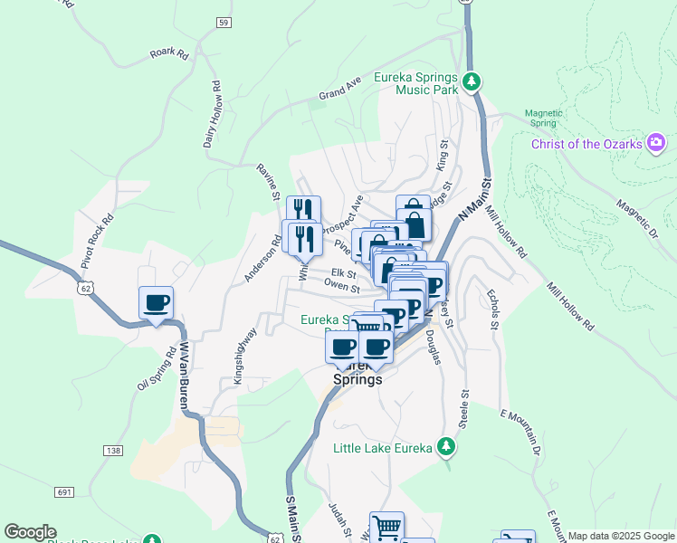 map of restaurants, bars, coffee shops, grocery stores, and more near 22 Pine Street in Eureka Springs