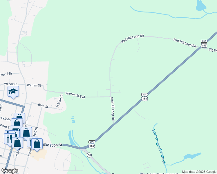 map of restaurants, bars, coffee shops, grocery stores, and more near Red Hill Loop Road in Warrenton