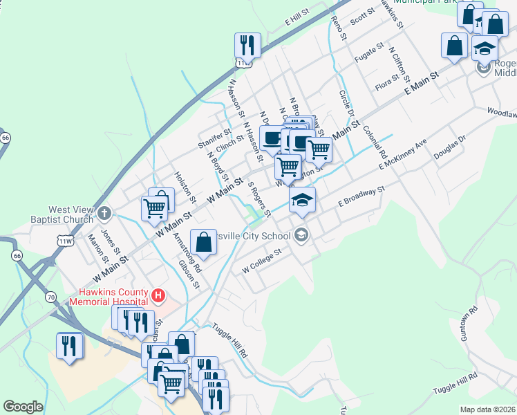 map of restaurants, bars, coffee shops, grocery stores, and more near 205 South Rogers Street in Rogersville