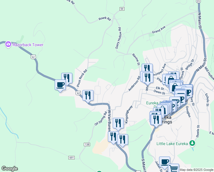 map of restaurants, bars, coffee shops, grocery stores, and more near 6-12 Martz Circle in Eureka Springs