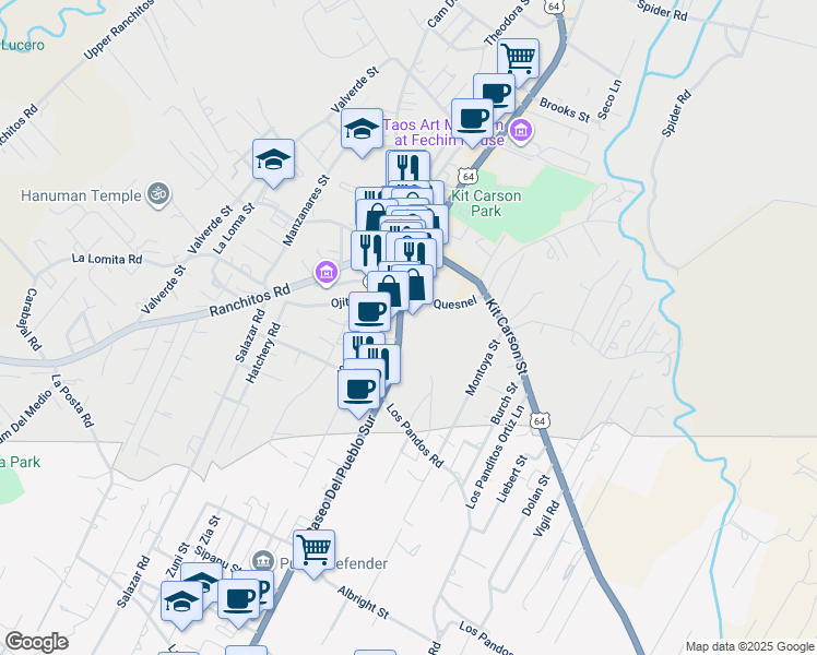 map of restaurants, bars, coffee shops, grocery stores, and more near 188 Paseo Del Pueblo Sur in Taos