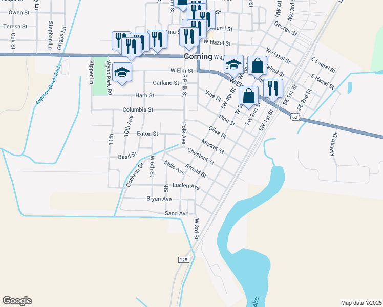 map of restaurants, bars, coffee shops, grocery stores, and more near 809 Southwest 4th Street in Corning