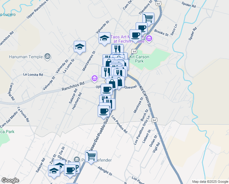 map of restaurants, bars, coffee shops, grocery stores, and more near 188-198 Paseo Del Pueblo Sur in Taos