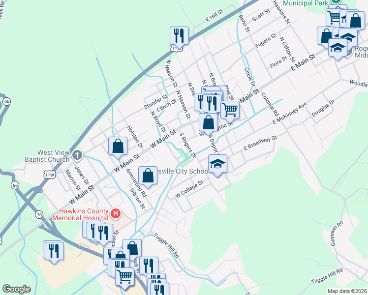 map of restaurants, bars, coffee shops, grocery stores, and more near 205 South Rogers Street in Rogersville