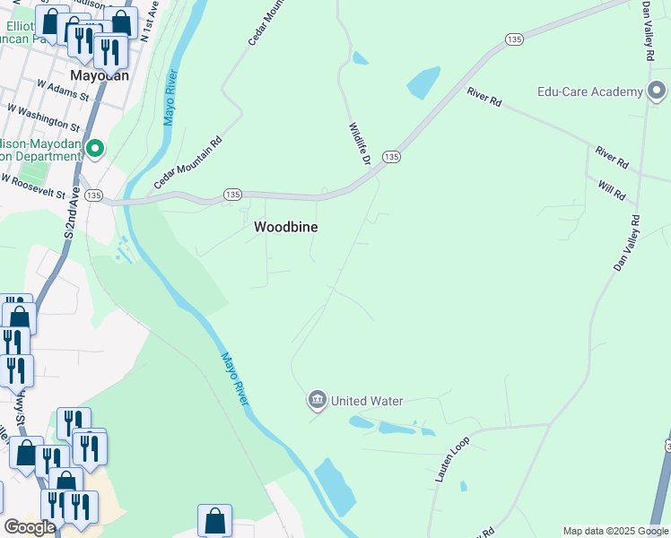 map of restaurants, bars, coffee shops, grocery stores, and more near 246 Cardwell Rd in Mayodan