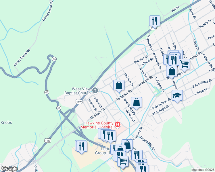 map of restaurants, bars, coffee shops, grocery stores, and more near 220 North Johns Street in Rogersville