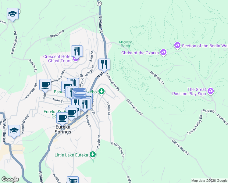 map of restaurants, bars, coffee shops, grocery stores, and more near 33 Alexander Street in Eureka Springs