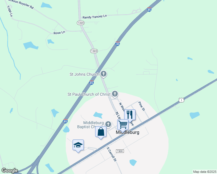 map of restaurants, bars, coffee shops, grocery stores, and more near 370 Jacksontown Road in Vance County