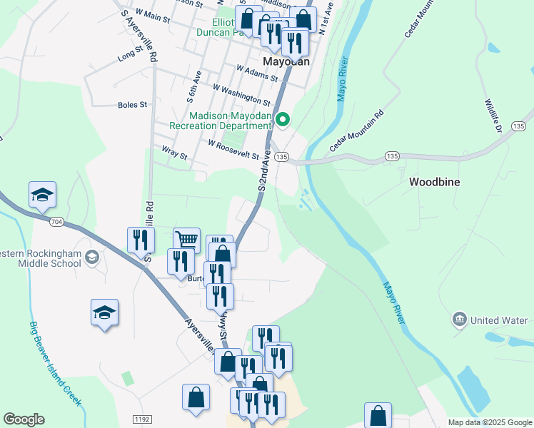 map of restaurants, bars, coffee shops, grocery stores, and more near 302 Whitbeck Drive in Mayodan