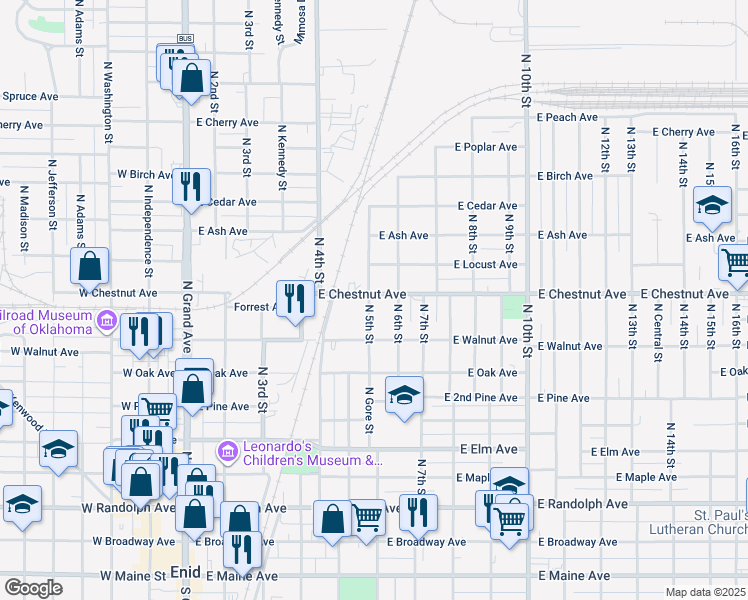 map of restaurants, bars, coffee shops, grocery stores, and more near 501 East Chestnut Avenue in Enid