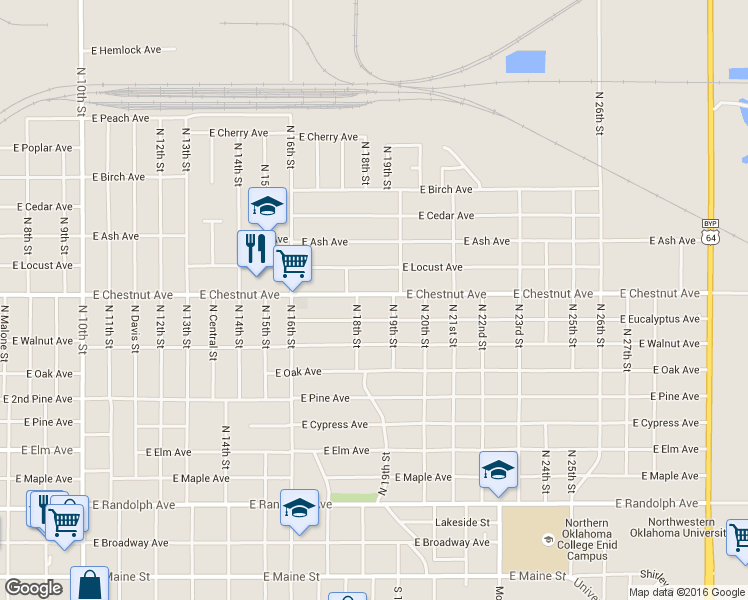map of restaurants, bars, coffee shops, grocery stores, and more near 1813 East Chestnut Avenue in Enid